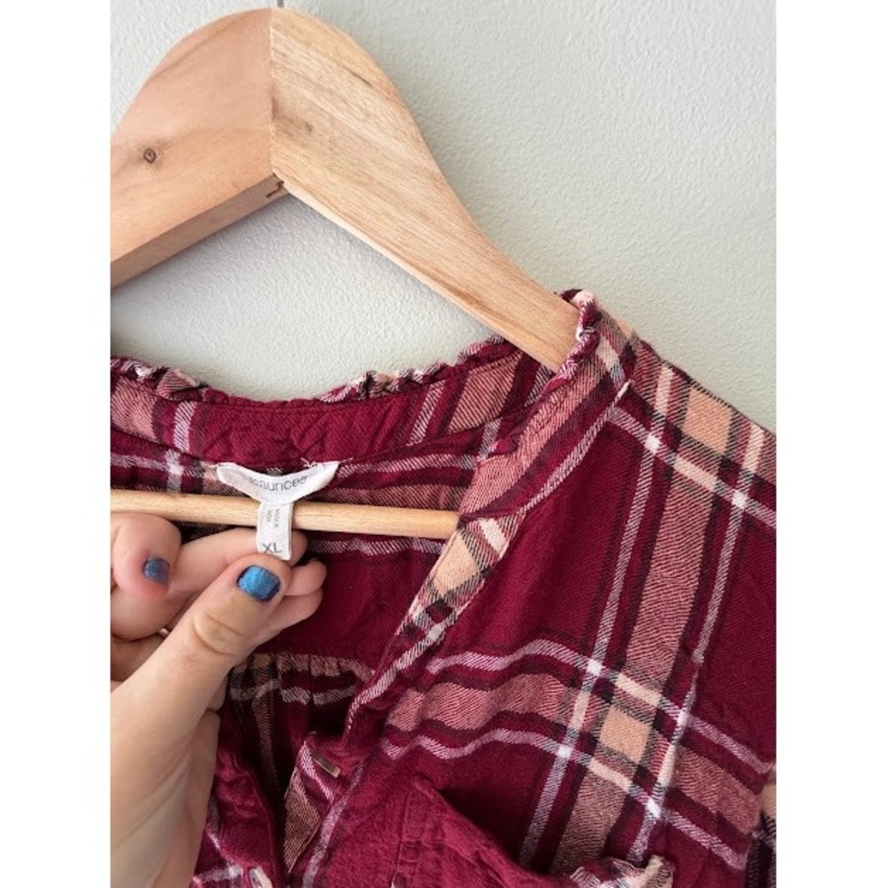 Plaid Maurices Button Down Women XL Burgundy Babydoll Plaid Ruffle Neck Blouse - Picture 3 of 7